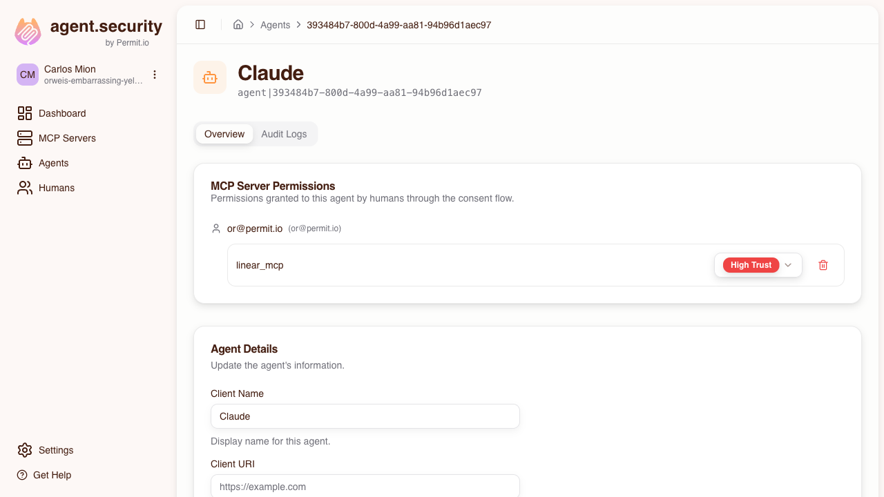 Agent detail page — MCP server permissions and trust level