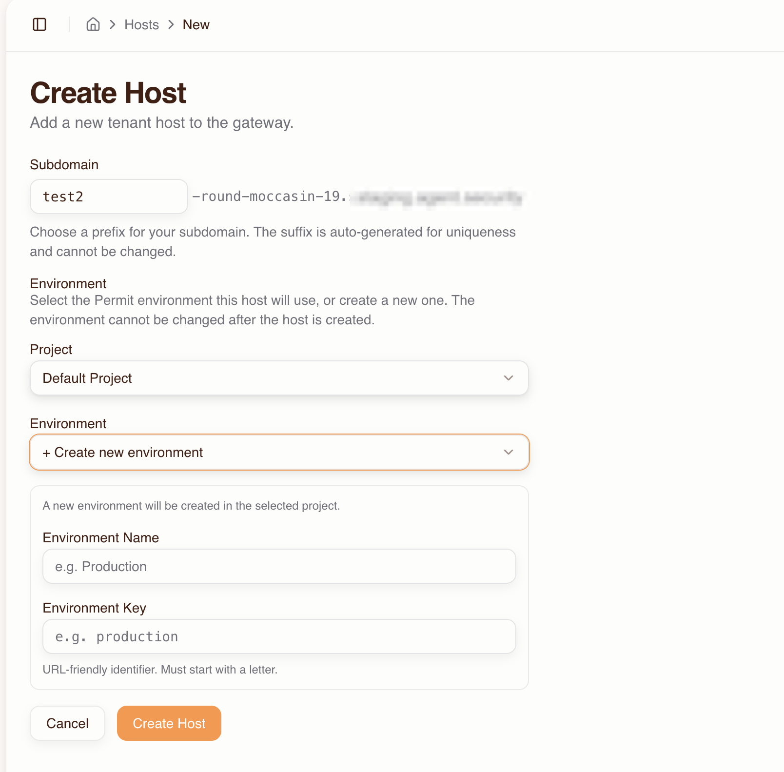 Create Host with new environment