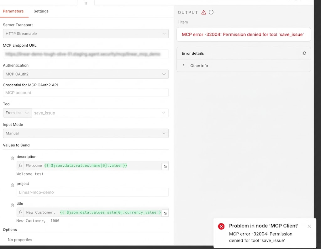 n8n execution log showing blocked MCP action