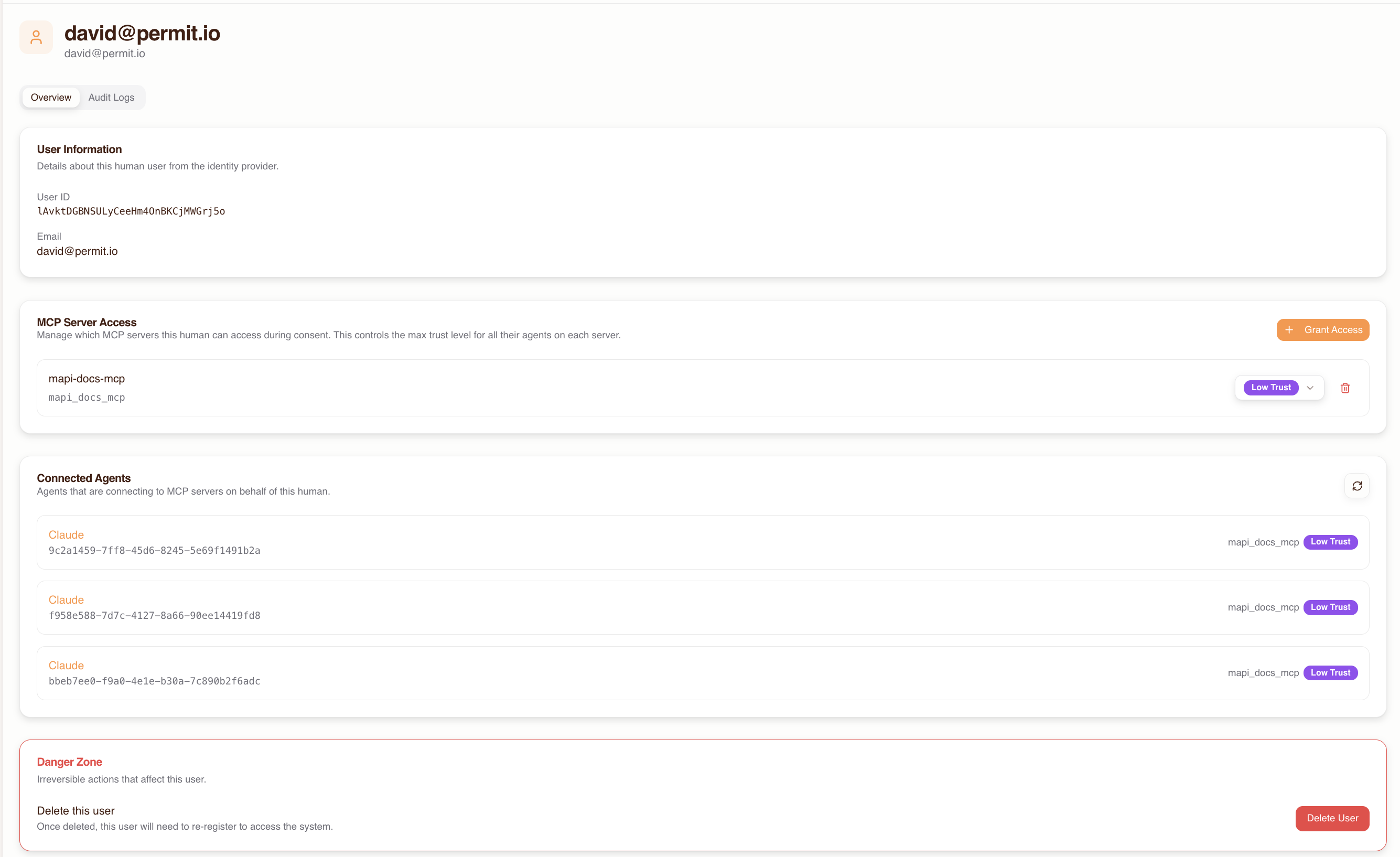 Human user detail — MCP server access and connected agents